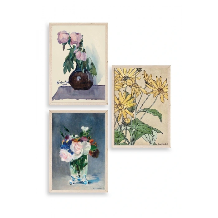 Vazodaki Çiçekler Üçlü Ahşap Çerçeveli Tablo 30 x 40