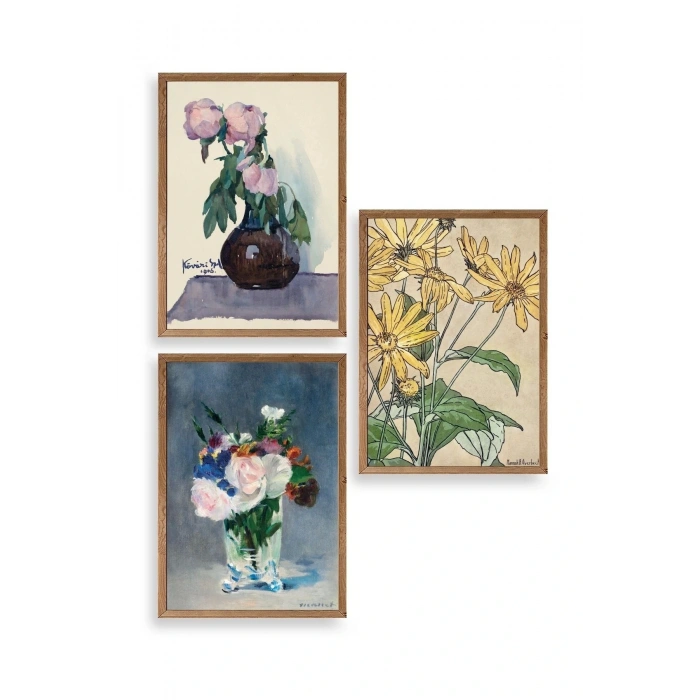Vazodaki Çiçekler Üçlü Ahşap Çerçeveli Tablo 30 x 40