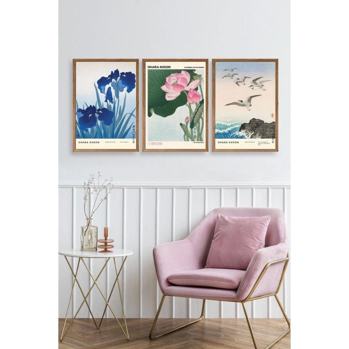 Vazodaki Çiçekler Üçlü Ahşap Çerçeveli Tablo 30 x 40