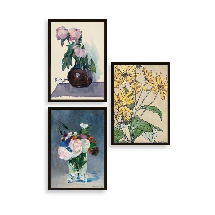 Vazodaki Çiçekler Üçlü Ahşap Çerçeveli Tablo 40 x 60