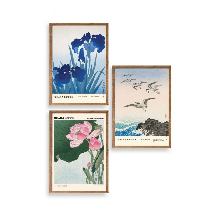 Vazodaki Çiçekler Üçlü Ahşap Çerçeveli Tablo 40 x 60