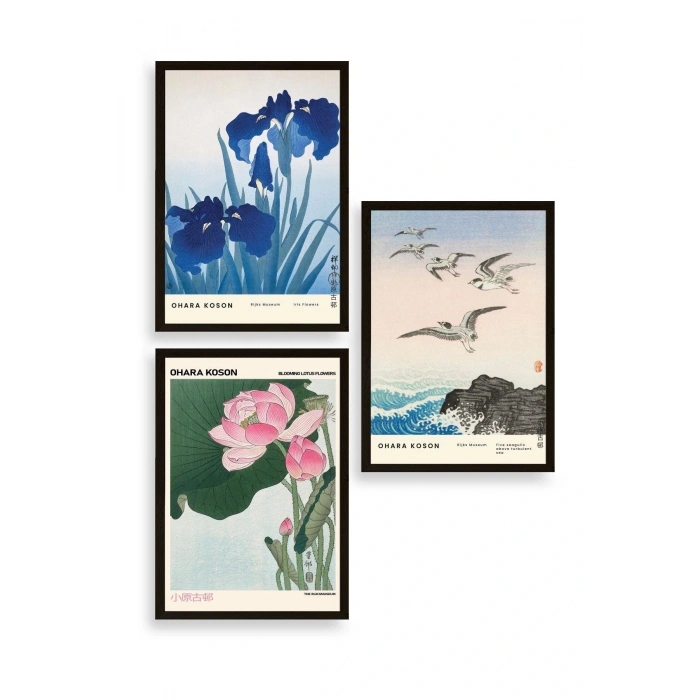 Vazodaki Çiçekler Üçlü Ahşap Çerçeveli Tablo 40 x 60