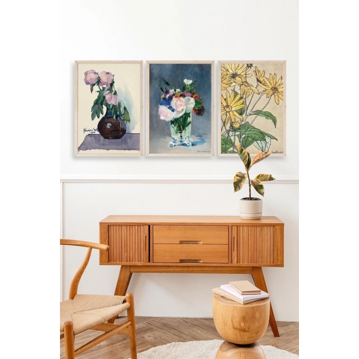 Vazodaki Çiçekler Üçlü Ahşap Çerçeveli Tablo 40 x 60