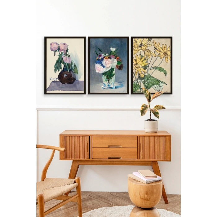 Vazodaki Çiçekler Üçlü Ahşap Çerçeveli Tablo 40 x 60