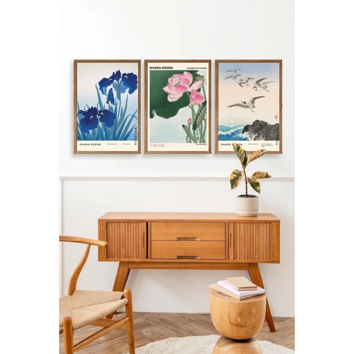 Vazodaki Çiçekler Üçlü Ahşap Çerçeveli Tablo 40 x 60