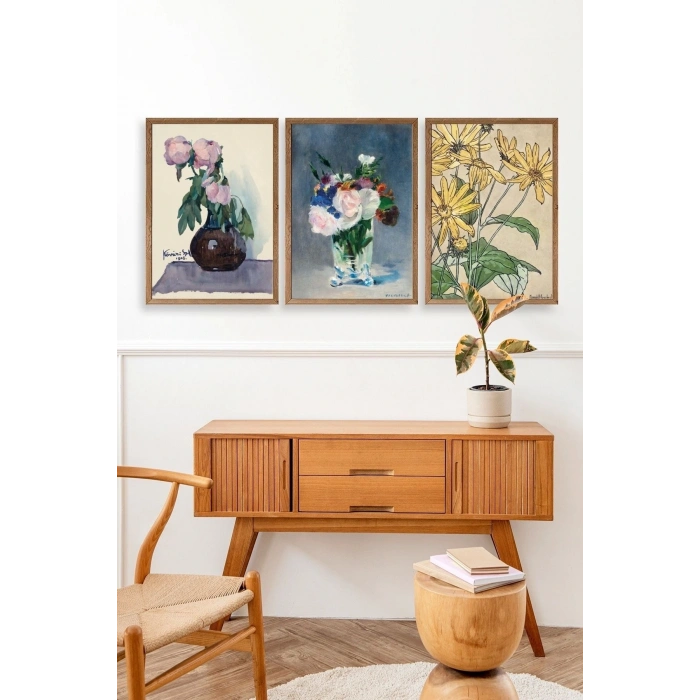 Vazodaki Çiçekler Üçlü Ahşap Çerçeveli Tablo 40 x 60