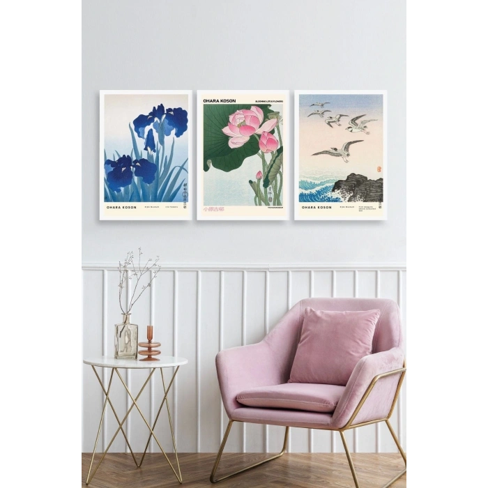 Vazodaki Çiçekler Üçlü Ahşap Çerçeveli Tablo 50 x 70