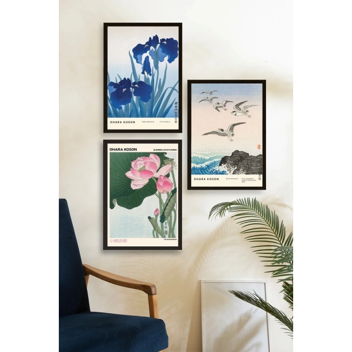 Vazodaki Çiçekler Üçlü Ahşap Çerçeveli Tablo 50 x 70