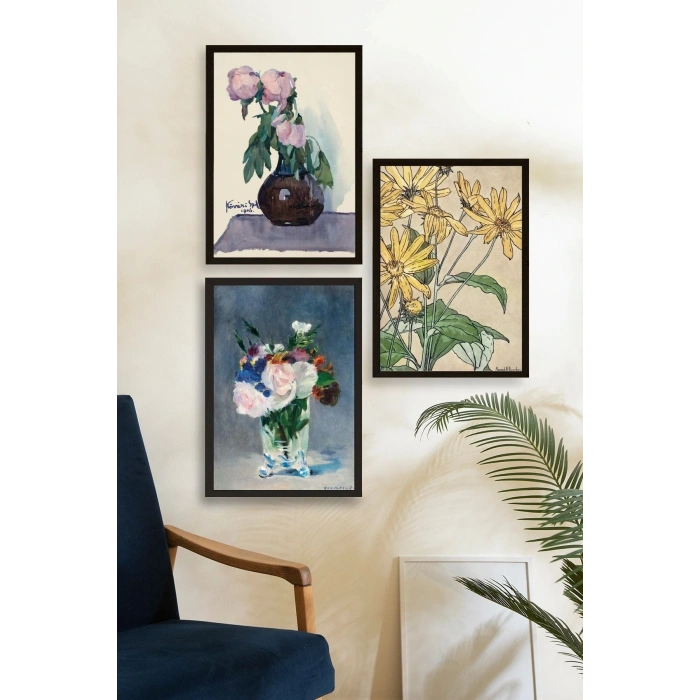 Vazodaki Çiçekler Üçlü Ahşap Çerçeveli Tablo 50 x 70