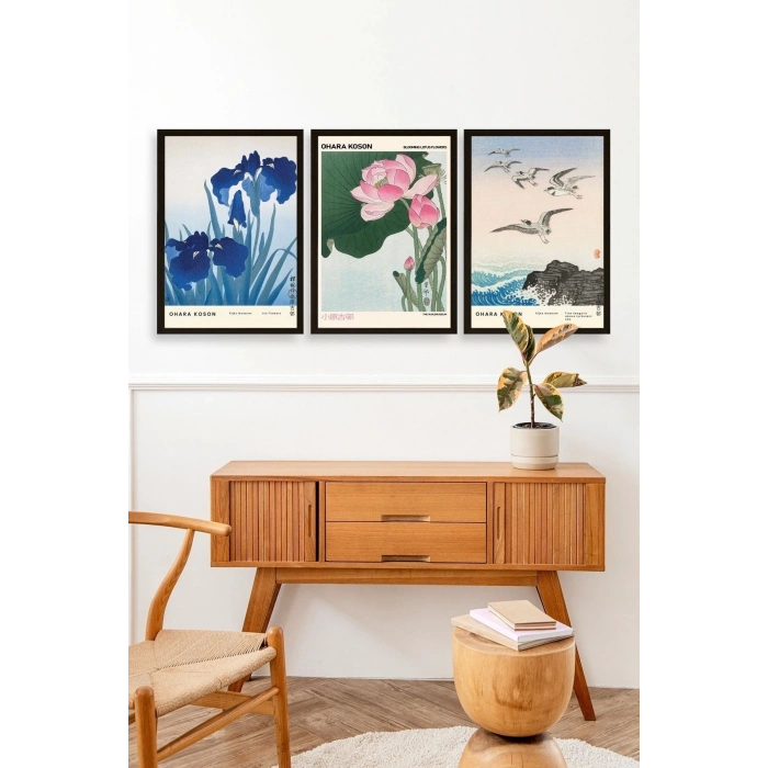 Vazodaki Çiçekler Üçlü Ahşap Çerçeveli Tablo 50 x 70