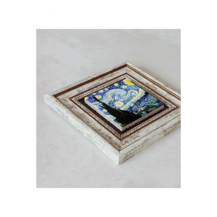 Vincent Van Gogh Starry Night Çerçeveli Taş Tablo , Çerçeveli Taş Duvar Dekoru 20 cm