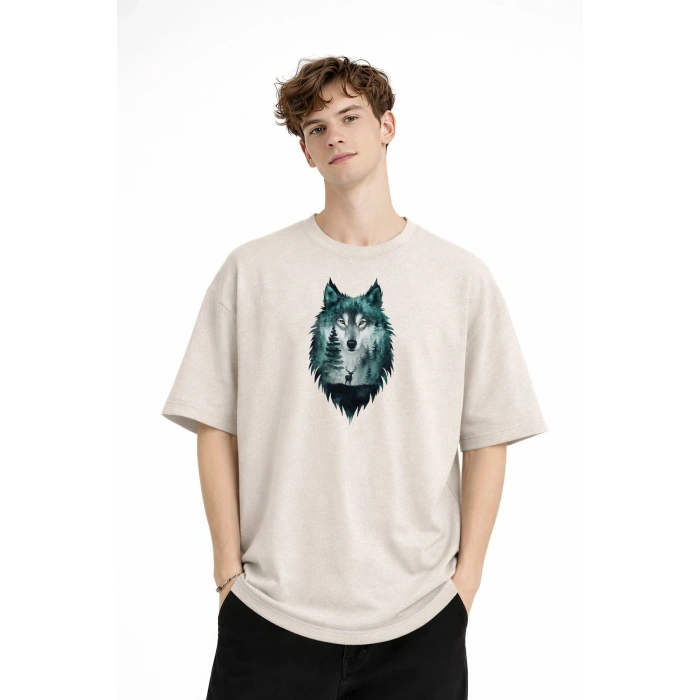 Wolf - Oversize Erkek Tişört BEJ