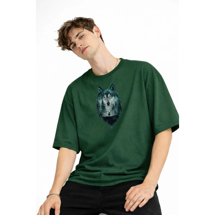 Wolf - Oversize Erkek Tişört HAKI