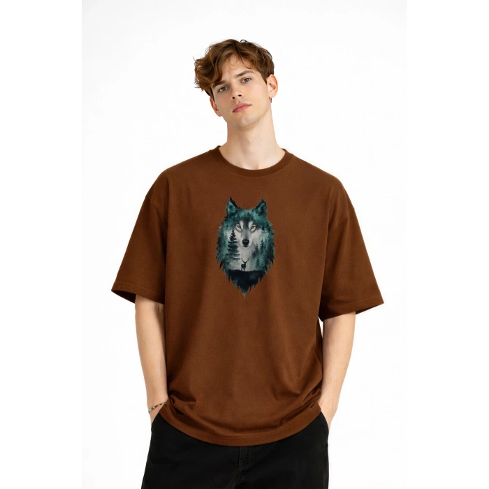 Wolf - Oversize Erkek Tişört KAHVE