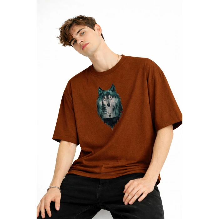 Wolf - Oversize Erkek Tişört KAHVE