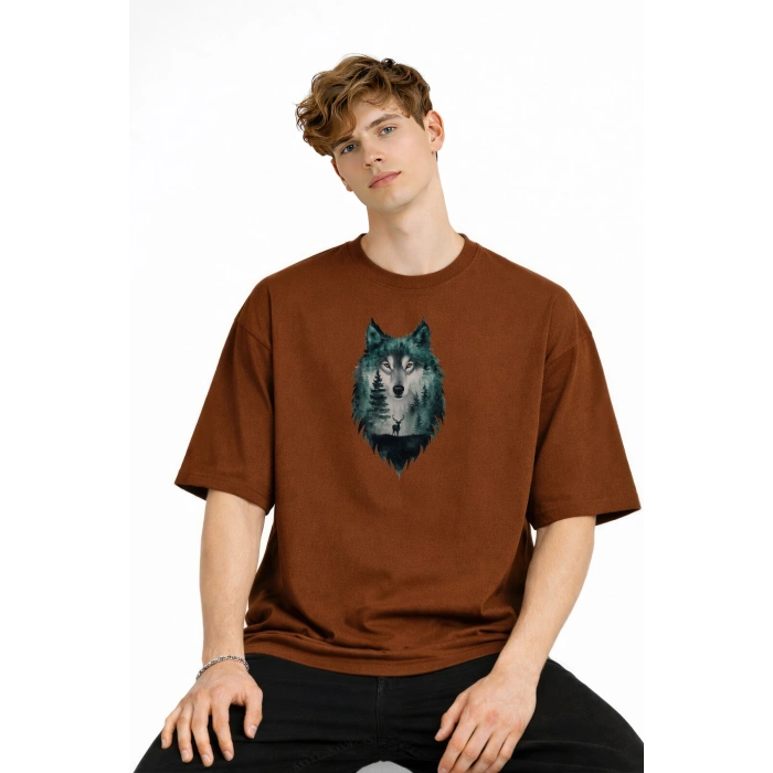 Wolf - Oversize Erkek Tişört KAHVE
