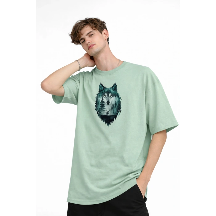 Wolf - Oversize Erkek Tişört SU YESILI