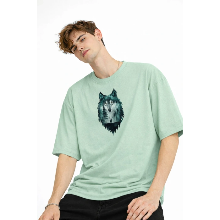 Wolf - Oversize Erkek Tişört SU YESILI
