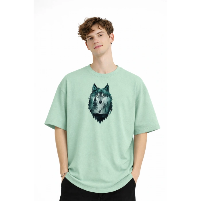 Wolf - Oversize Erkek Tişört SU YESILI