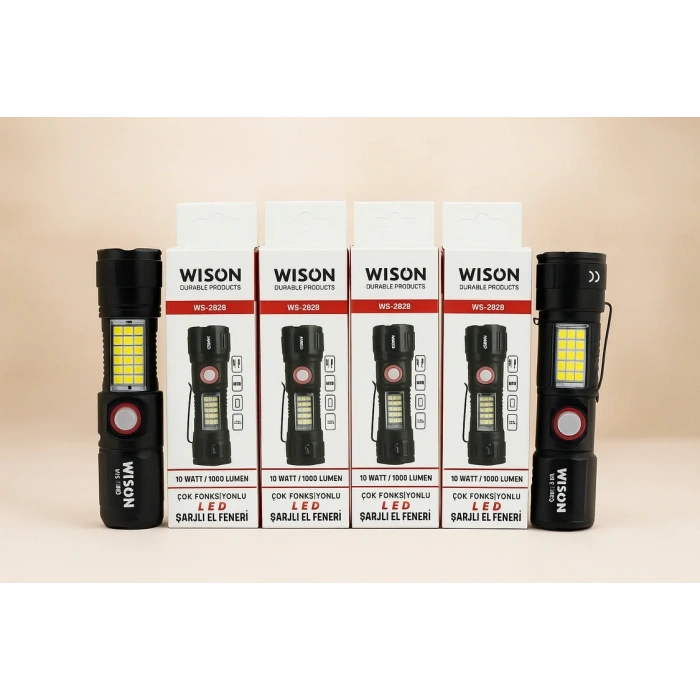 WS-2828 Ultra USB Şarjlı Polis El Feneri, Bekçi, Asker El Feneri Kırmızı Mavi Çakarlı 1000 Lümen (5365)