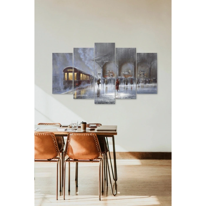 Yağmur ve Tren 5 Parçalı Mdf Tablo 60 x 100
