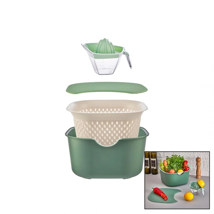 YEŞİL 5PCS MUTFAK SETİ PLS.KARIŞTIRMA KAP=4LT - SÜZGEÇ=3.5LT - KESİM PANO - SIKACAK=0.25LT (5365)