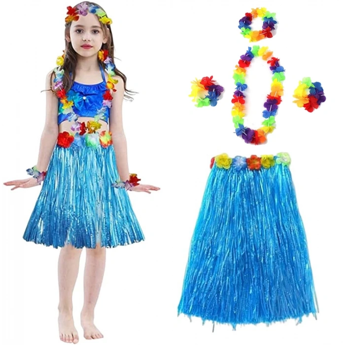 Yetişkin ve Çocuk Uyumlu Hawaii Luau Aloha Mavi Püsküllü Etek Kolye Taç ve 2 Adet Bileklik Seti (5365)