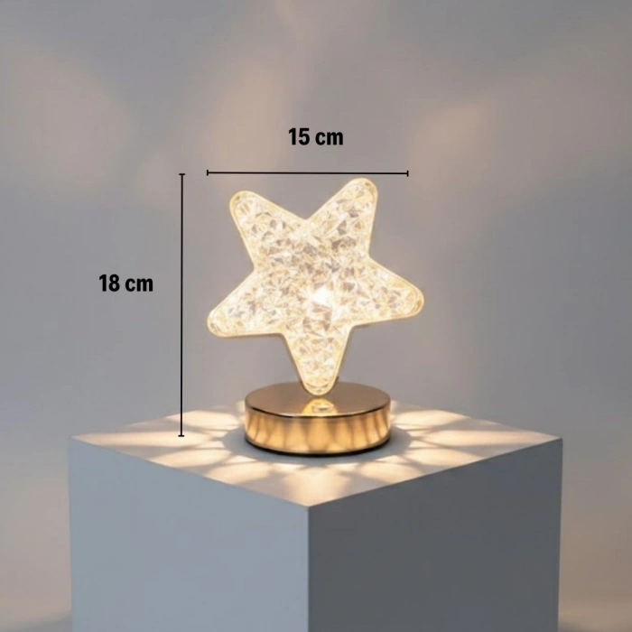 Yıldız Model Kristal LED Masa Lambası – Dokunmatik, 3 Renk Işık Modlu, Şarjlı Mini Dekoratif Gece Lambası (5365)