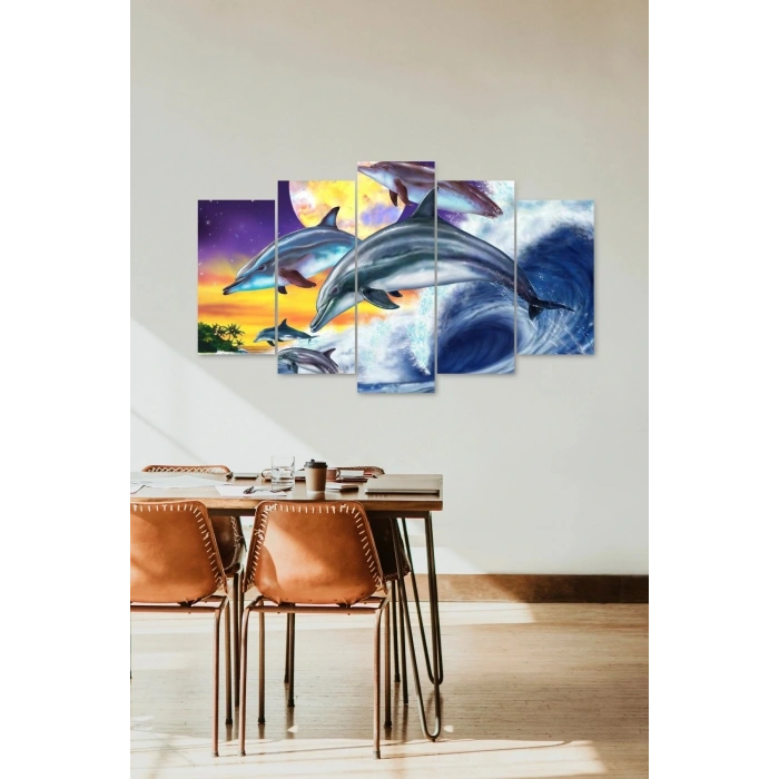 Yunuslar ve Deniz 5 Parçalı Mdf Tablo 60 x 100