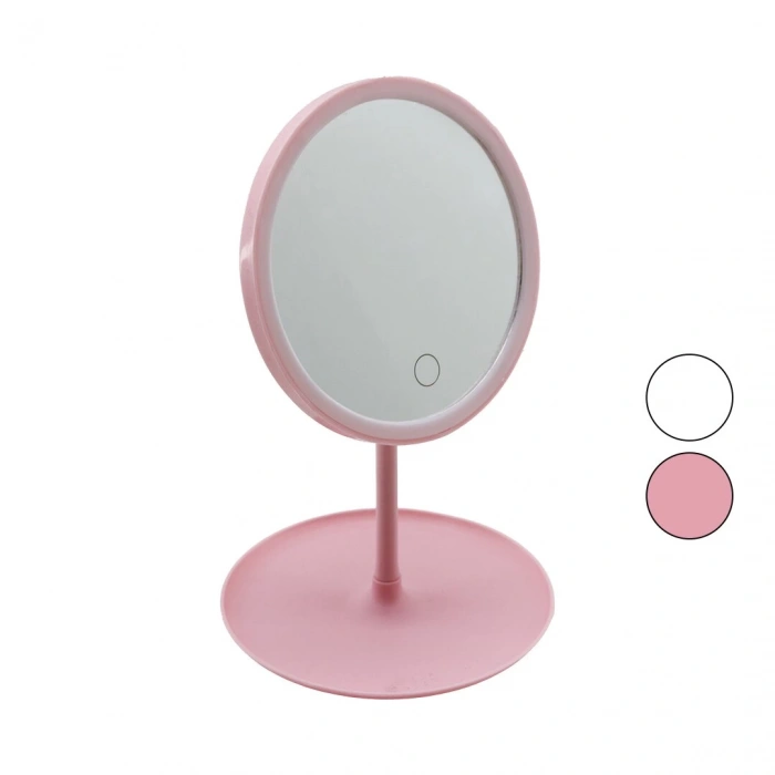 YUVARLAK 7 İNÇ LEDLİ - USB ŞARJLI MAKYAJ AYNASI 90°TAKILIK SEPETLİ AYAK RENKLİ PLS 17.5CM (5365)