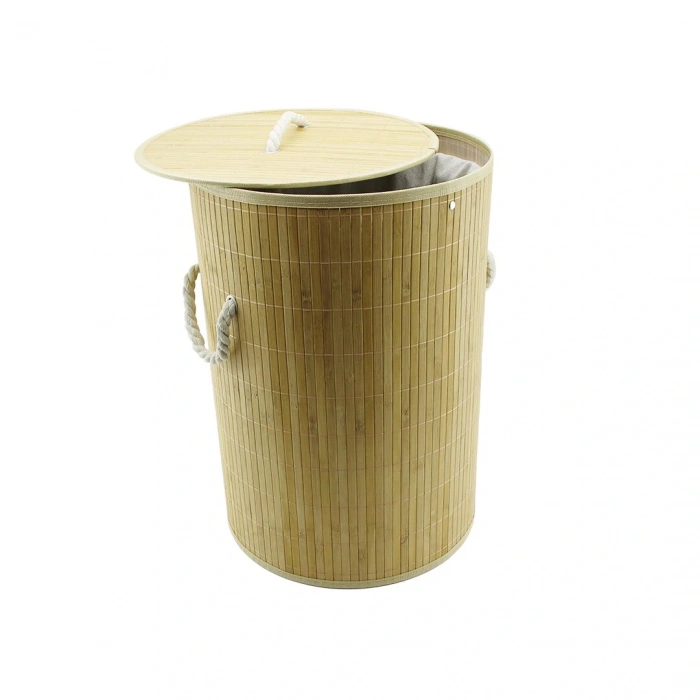 YUVARLAK BAMBU AHŞAP KİRLİ ÇAMAŞIR SEPETİ 35X60CM SEYYAR KAPAKLI İÇİ BEZLİ İP KULPLU (5365)