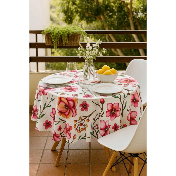 Yuvarlak Çiçek Desenli Duck Kumaş Masa Örtüsü 150x150 Cm
