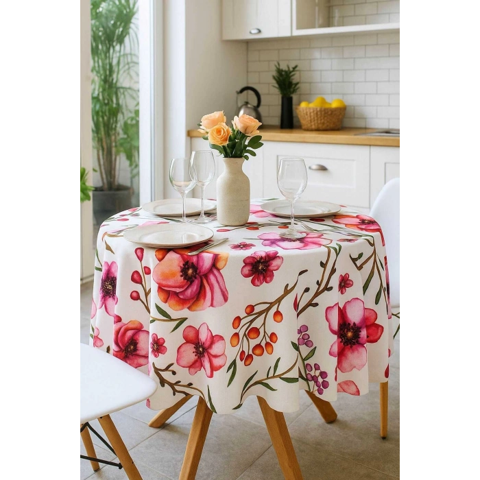 Yuvarlak Çiçek Desenli Duck Kumaş Masa Örtüsü 150x150 Cm