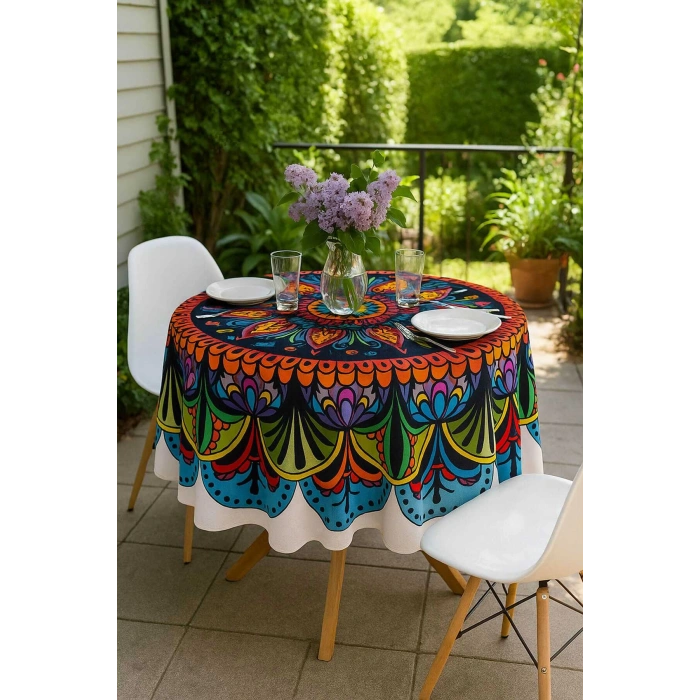 Yuvarlak Etnik Desenli Duck Kumaş Masa Örtüsü 150X150 Cm