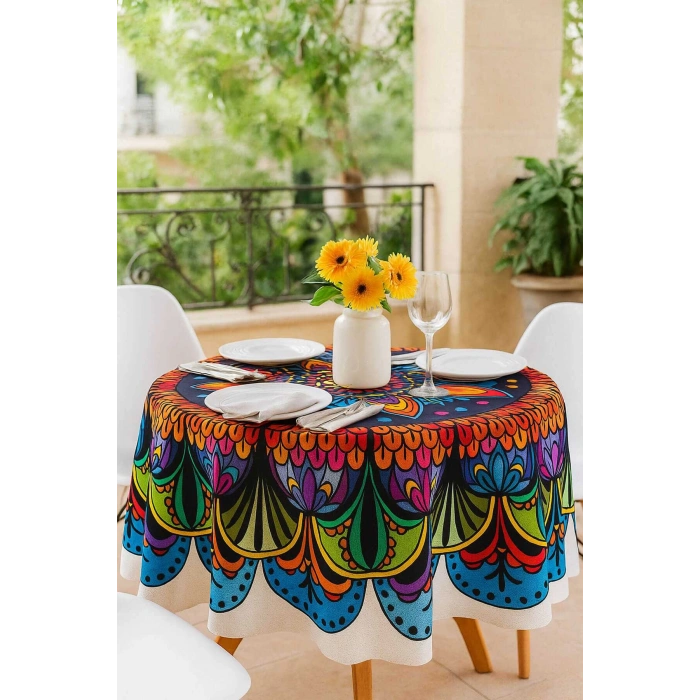 Yuvarlak Etnik Desenli Duck Kumaş Masa Örtüsü 150X150 Cm