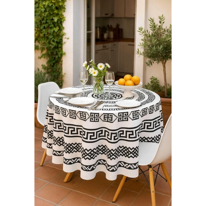 Yuvarlak Geometrik Siyah Desenli Duck Kumaş Masa Örtüsü 150x150 Cm