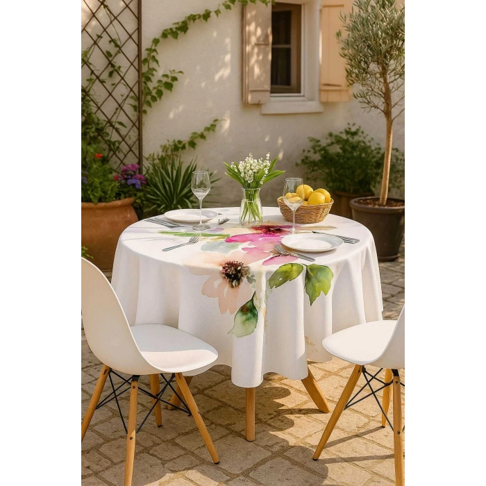 Yuvarlak Pastel Çiçek Desenli Duck Kumaş Masa Örtüsü 150x150 Cm