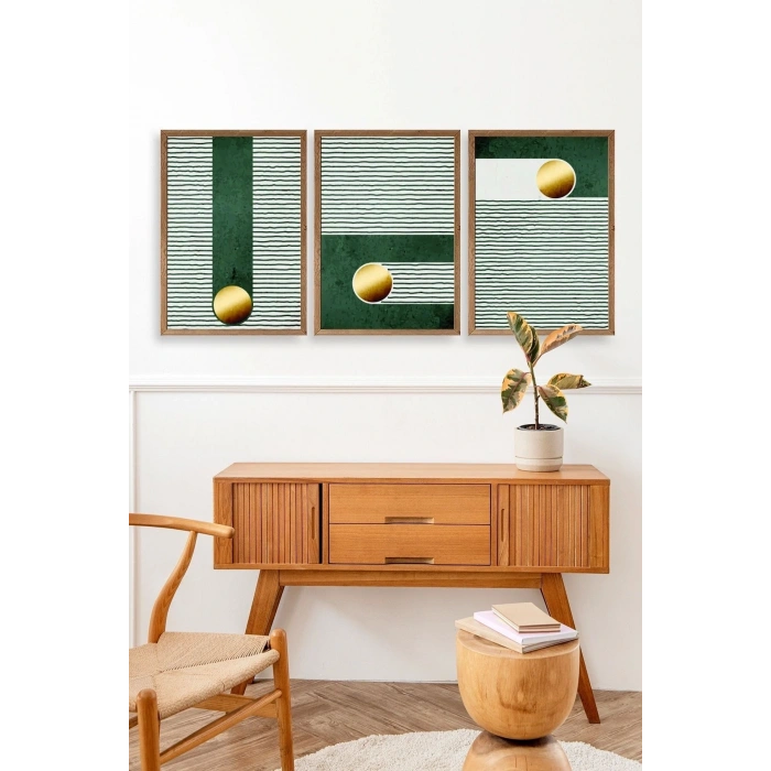 Yuvarlak Top Desenli Üçlü Ahşap Çerçeveli Tablo 17 x 23