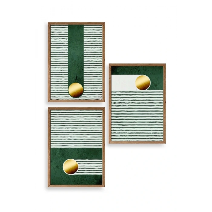 Yuvarlak Top Desenli Üçlü Ahşap Çerçeveli Tablo 30 x 42