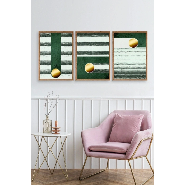 Yuvarlak Top Desenli Üçlü Ahşap Çerçeveli Tablo 30 x 42