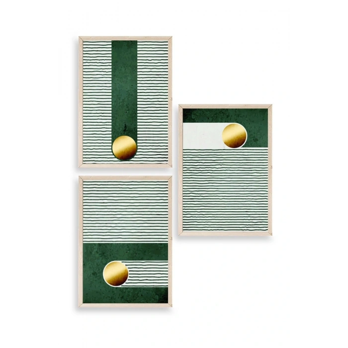 Yuvarlak Top Desenli Üçlü Ahşap Çerçeveli Tablo 50 x 70