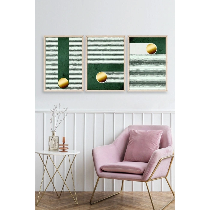 Yuvarlak Top Desenli Üçlü Ahşap Çerçeveli Tablo 50 x 70