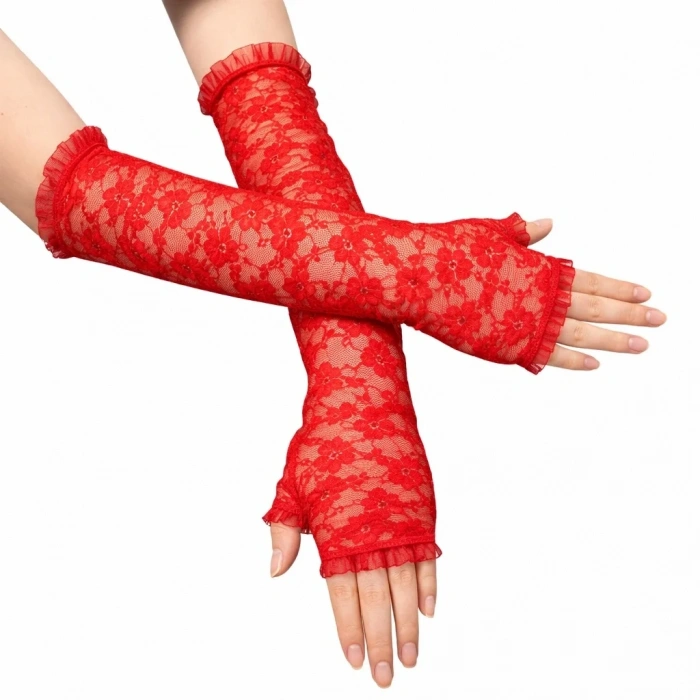 Zarif Dantel Parmaksız Eldiven Kırmızı 35 Cm
