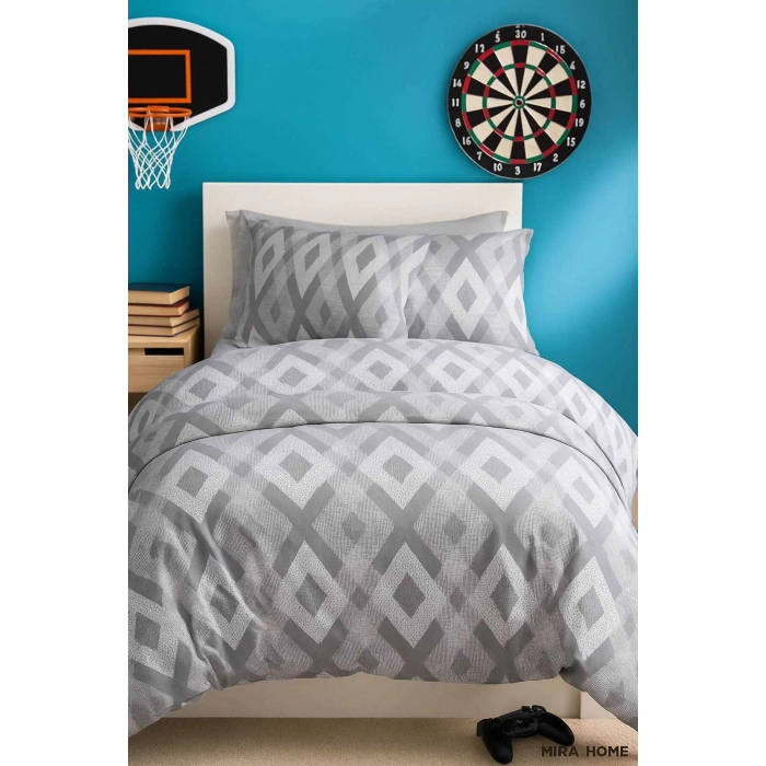 Zigzag Desenli Gri Pamuklu Tek Kişilik Nevresim Takımı