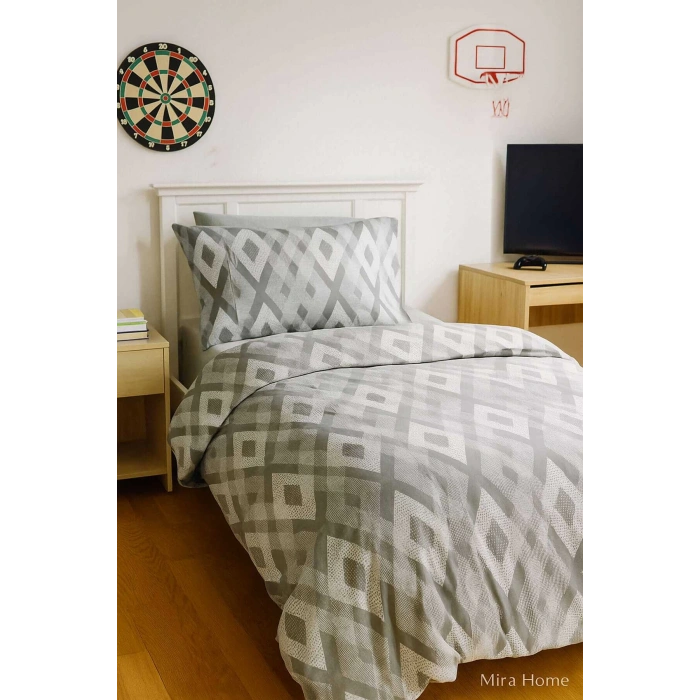 Zigzag Desenli Gri Pamuklu Tek Kişilik Nevresim Takımı