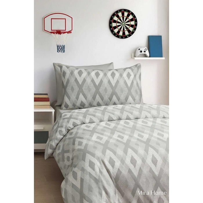 Zigzag Desenli Gri Pamuklu Tek Kişilik Nevresim Takımı