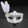 Beyaz Renk Tüylü Dantelli Gözleri Taşlı Balo Parti Maskesi (5365)