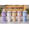Çiçek Desenli 900 ml Taşıma Kulplu Paslanmaz Çelik Termos Mug Bardak