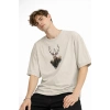 Deer - Oversize Erkek Tişört BEJ