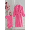 Kadın Havlulu Banyo Bornoz Takımı %100 Pamuklu Fuşya